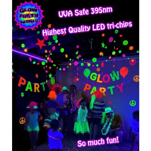 Black Lights for Glow Party! 115W Blacklight LED Strip kit. 4 UV Lights to Surround Your Neon Party. Ultraviolet Lighting for Big Rooms. Easy Set up! Glow in The Dark Party Supplies. Fiesta Luz Negra