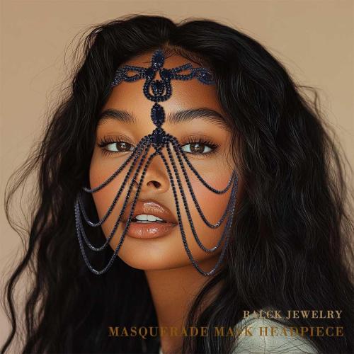 Black Crystal Flapper Head Chain Masquerade Mask Headpiece Wedding Bride Rhinestone Headbands Costume Headwear Women Hair Accessory