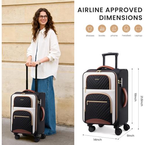 LOVEVOOK Carry on Luggage 22x14x9 Airline Approved, Waterproof Carry on Suitcase with 3 Pouches,Lightweight Softside Underseat Travel Luggage with 360° Spinner Wheels,TSA Lock for Travel Business