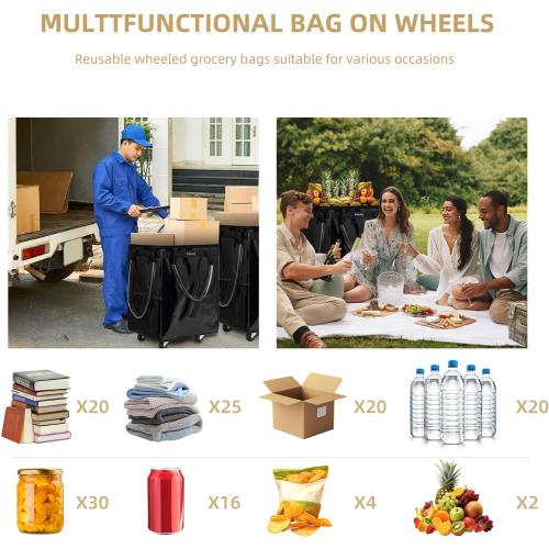 (Large, Black) Reusable Grocery Bag on 5 Wheels, Foldable Rolling Tote Carries Up to 76lb Shopping Trolley, Rolling Bag with 3 Handles, Zipper Clouser Rolling Tote Bag with Wheels for Laundry