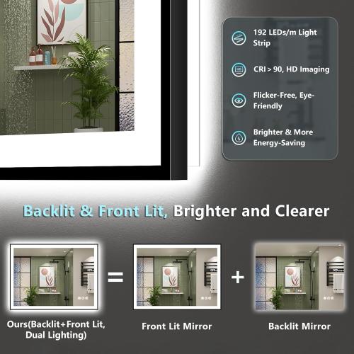 40x32 Black Framed LED Bathroom Mirror with Lights, Backlit and Front Lit Anti-Fog Lighted Vanity Mirrors for Bathroom Wall, Dimmable, 3 Colors, Memory, HD Tempered Glass, Horizontal/Vertical