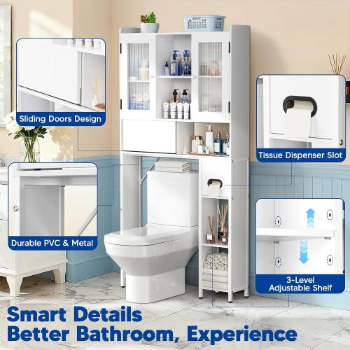 Over The Toilet Storage Cabinet - Over Toilet Bathroom Organizer with Sliding Barn Doors, Adjustable Shelves & Toilet Paper Holder, pace-Saving Over-Toilet Rack for Bathroom, Restroom, Laundry, White