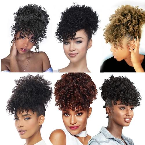 Afro Puff Drawstring Ponytail with Kinky Curly Hair Clip in Bangs Short Ponytail Extension Black Girl Updo Hairpieces for Black Women (T30)