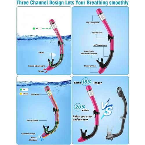 Color Pink Snorkel Set with Fins for Adults, Snorkeling Gear for Adults Men and Women, Snorkle, Mask Set Adults Dry Top Snorkel Mask Combo Set with Travel Bag for Snorkeling, Diving, Swimming