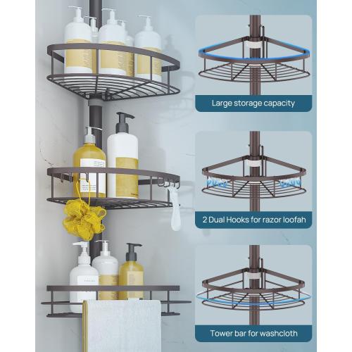 SEIRIONE Rustproof Shower Corner Caddy Organizer for Bathroom,Tension Pole with 4 Baskets, for Bathtub Storage Rack, 34 to 116 Inch Height, Bronze