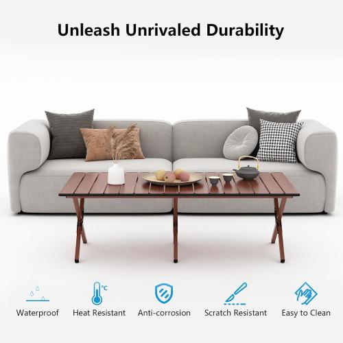 Size 48Inch  Color Brown Folding Camping Table, Lightweight Roll-Up Table Aluminum Low Portable Picnic Table with Carrying Bag for Outdoor, Beach, Picnic, Backyards, BBQ and Party (Walnut, 120CM)
