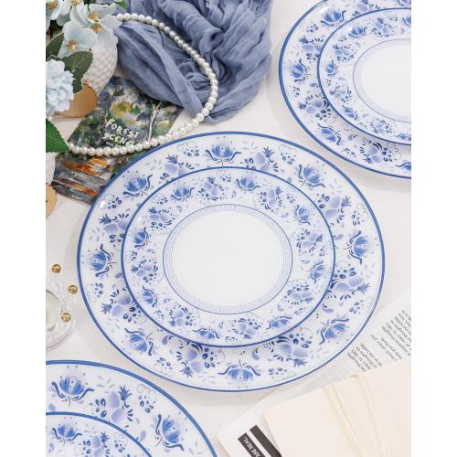 WONDERFUL 32pcs Blue Plastic Plates Blue and White Fancy Disposable Plates Floral Decorative Plate Disposable Heavy Duty for High-End Party Retro Decor