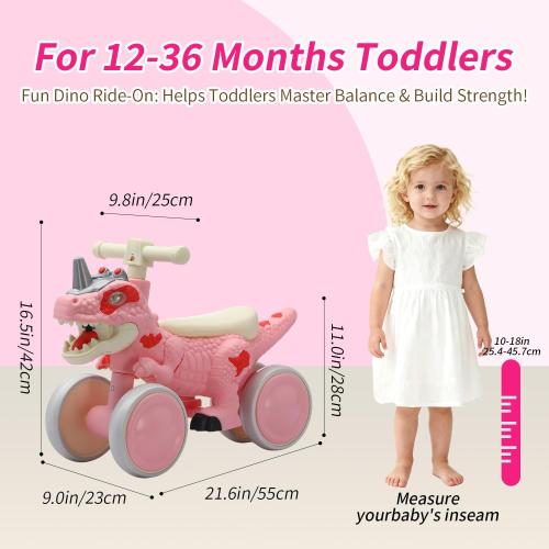 Color green Dinosaur Balance Bike for 1-3 Year Olds, Toddler 4-Wheel No-Pedal Walker Scooter with Music & Mist Spray Effects, ASTM Certified First Birthday Gift for Boys & Girls