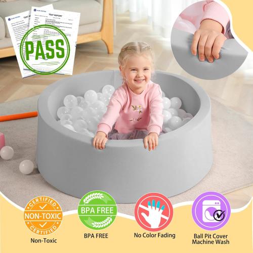 Size Large Color Grey Foam Ball Pit,  Indoor Outdoor Soft Round Ball Pool Playpen Ideal Gift Toy for Babies Kids and Toddler Children (No Balls) - Light Gray