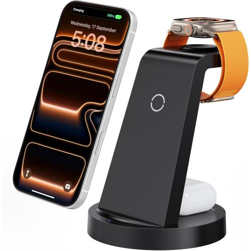 Anlmz 3 in 1 Charging Station for iPhone, Wireless Charger for iPhone 17 16e 16 15 14 13 12 11 X Pro Max & Apple Watch - Wireless Charging Station for AirPods 4 3 Pro
