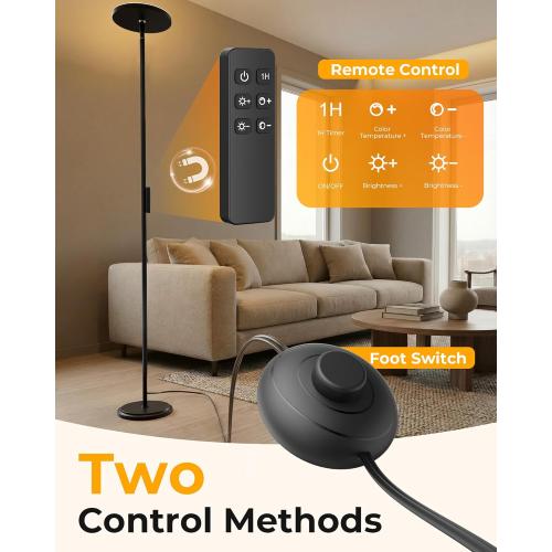 Floor Lamps for Living Room, 69 Tall LED Lamp, 2800LM Standing Lamp Remote & Foot Switch with 1H Timer, 2700-6500K Stepless Dimmable Modern Pole Light for Bedroom, Reading, Black