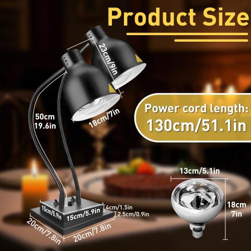 Food Heat Lamp,Commercial Food Warmer Lamp,Portable Electric Heat Lamp for Food,Dual Head Food Warming Light for Catering Food Service Restaurant Buffet Kitchen with Extra Bulb