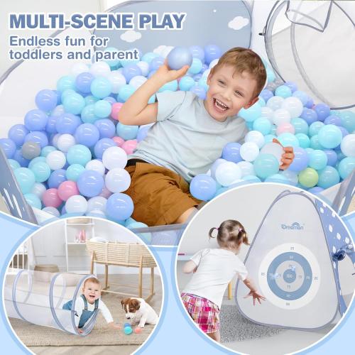 Dreamon 5 in 1 Kids Play Tent with Tunnel, Pop Up Play Tent with Ball Pits for Toddlers, Foldable Kids Tunnel with Carry Bag and Basketball Hoop, Toddler Tents Indoor & Outdoor