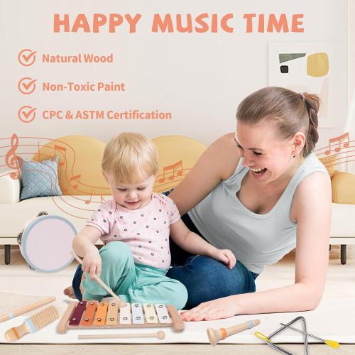 Baby Musical Instruments Set - Montessori Wooden 18 Month Old Baby Musical Toys, Toddler Percussion Instruments Xylophone Maracas Tambourine for Toddlers 1-3, 1 2 3 Year Old Girls Boys Birthday Gifts
