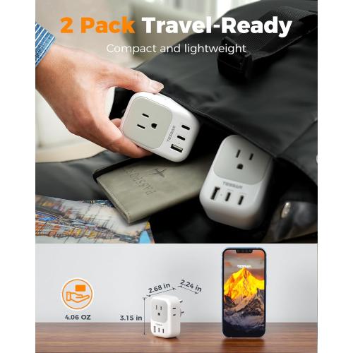 Set of 2 US to India Plug Adapter 2 Pack, TESSAN Type D Travel Adapter with 4 Outlets 3 USB (2 USB-C), Power Adaptor for US to India Nepal Maldives Pakistan Bangladesh Sri Lanka Bhutan Yemen