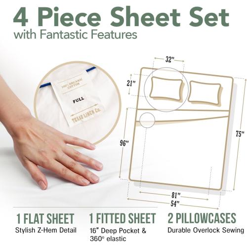 TEXAS LINEN CO. 100% Organic Cotton Percale Sheets Full Size - White, 4 Piece Set, Soft & Crisp, Cooling, 16 Deep Pocket Hotel Sheets