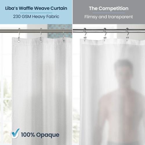 White 72x72 LiBa Waffle Weave Fabric White Shower Curtain, 72 W x 72 H Water Repellent & Heavyweight, Hotel Quality & Cloth Linen Shower Curtains Set and for Bathroom