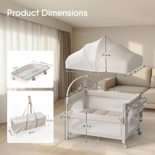 TinyGlow Baby Bassinet, Pack and Play, Bedside Crib Sleeper, Diaper Changer | Quickly Assembles and Folds, Portable Crib with Mattress,Mosquito Net and Toys Bar, Easy to Carry for Newborn to Toddler