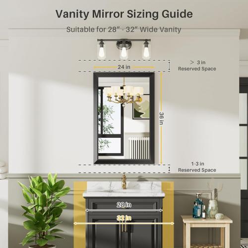 Briivue 24x36 Inch Black Bathroom Mirror for Wall, Thick Metal Framed Rectangle Mirrors for Over Sink, Bedroom, Living Room, Entryway, Anti-Rust, HD Tempered Glass