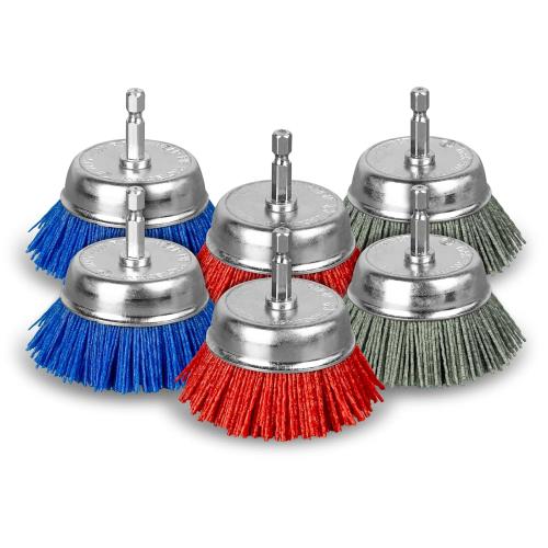 SALI 6Pack 3 Inch Cup Brush Nylon Filament Abrasive Wire Brush Wheel with 1/4 Inch Hex Shank, Three Grits Nylon Drill Brush Set for Removal of Rust Corrosion Paint