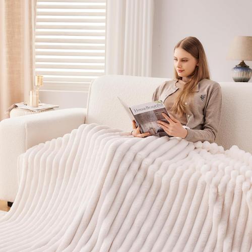 NEWCOSPLAY Super Soft Throw Blanket Ivory Premium Silky Flannel Fleece 3D Ribbed Jacquard Lightweight Bed Blanket All Season Use (Ivory Ribbed, Throw(50x60))