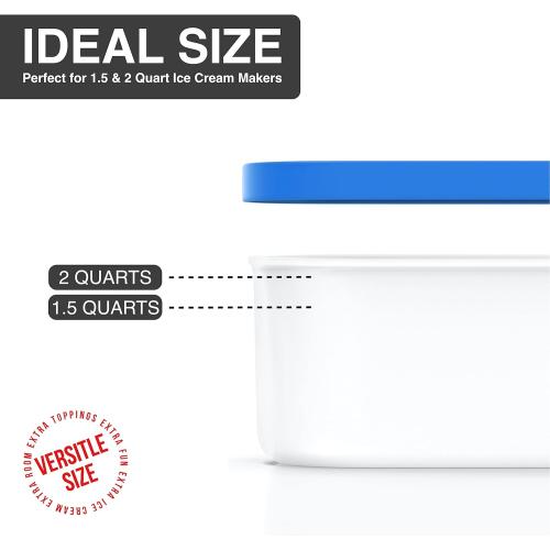 Ice Cream Containers - 2 Quart Ea. (Set of 2) - Premium Reusable Freezer Storage for Homemade Ice Cream Tub for Sorbet, Frozen Yogurt - Flexible Silicone Lids, Long Scoop, Stackable - Blue & Red