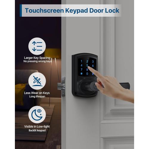 Keyless Entry Door Lock with Keypad and Handle for Front Doors, Touchscreen Deadbolt, Anti-peep Password, Auto-Locking, Matte Black