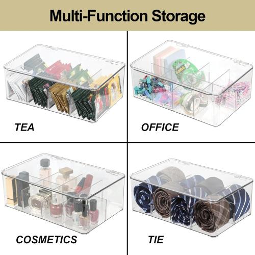 Plastic Clear Storage Containers, Set of 2 Tea Bag Organizer Boxes 8 Compartments with Lids, Underwear Tie Drawer Organizer, Dresser Organizer (10.8×7×3.7)