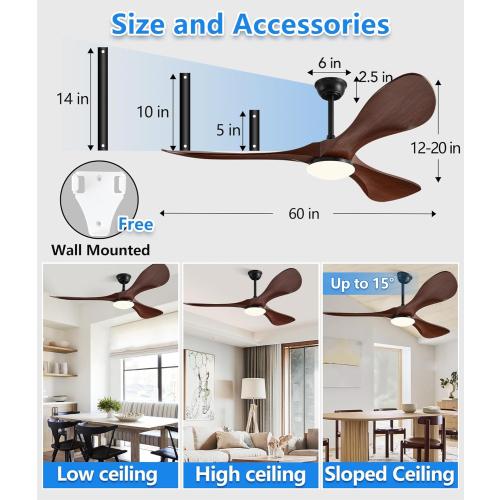 60 in Ceiling Fan of 7400 CFM High Airflow with Light and Remote Control,Outdoor/Indoor Ceiling Fan with 3 Blades Noiseless Reversible DC Motor 6 Speeds with 3 CCT and Timer for Living Room Patios