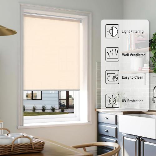 LazBlinds No Tools No Drill Cordless Roller Shades, Light Filtering Roller Blinds for Windows, Thermal Insulated UV Protection Roll Up Window Blinds and Shases, 29'' W x 72'' H, Beige