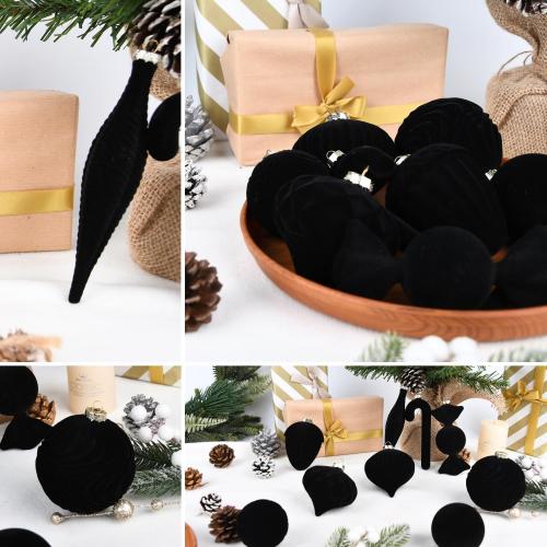 Velvet Ornaments for Christmas Tree Decorations - Black Flocked Christmas Ornament Set for Winter Holiday Decor - Shatterproof Xmas Balls Ornaments Bulk - Pack of 24