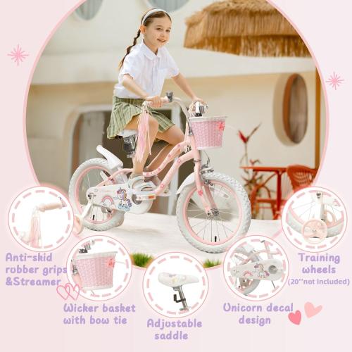 Princess Style Girls Bike with Basket for 2-13 Years Old Kids and Toddlers, 12 14 16 18 Inch Bicycle for Children with Training Wheels and Streamers, 20 Inch with Kickstand, Multiple Colors