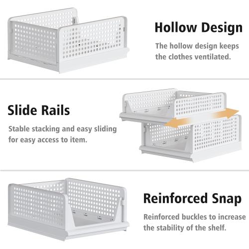 Proarea Stackable Plastic Storage Basket Closet Organizer Bin Foldable Clothes Organizer Storage Drawer Shelf Container for Living Room Bathroom Kitchen Office Laundry Room