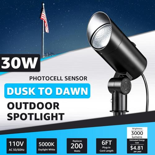 SUNVIE 30W Spot Lights Outdoor 5000K Dusk to Dawn Flag Pole Light 120V Plug in Landscape Spotlight with Photocell Sensor Ultra Bright Bullet LED Spotlight for Yard Garden Tree Statue