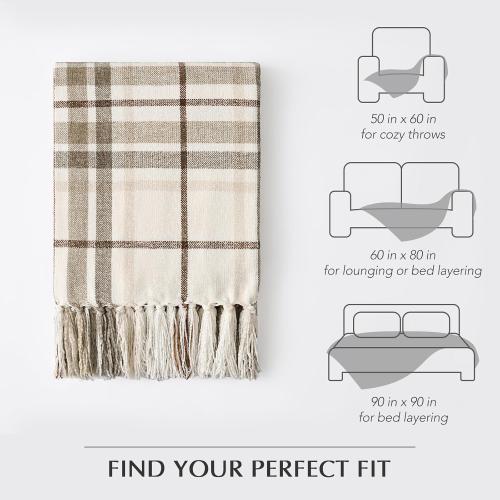 EVERGRACE Plaid Chenille Throw Blanket for Couch, Super Soft Cozy Decorative Farmhouse Plaid Throw with Tassels, Lightweight Chenille Knit Throw for Bed Sofa Gift Home Decor, Beige 50”x60”