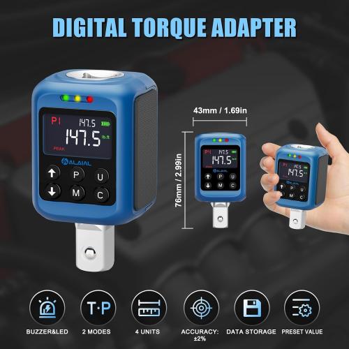 Digital Torque Adapter 1/2, 2.2-147.5 Ft-lb/3-200 Nm, Digital Torque Wrench Converter with ±2% Accuracy, Buzzer and LED Indicator, 2 Modes, 4 Units, 3/8'' & 1/4'' Adapters for Car, Moto