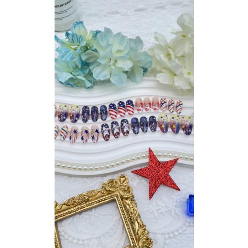 30Pcs 4th of July Press on Nails Almond Patriotic Fake Nails with American Flag Star & Fireworks Designs Red White Blue False Nails Medium Acrylic Stick on Nails for Women Independence Day Decoration