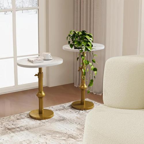 WHGBJA Adjustable Drink Table, 10x12x(22“~30) Martini Table with Metal Antique Brass Stand Base, Drink Tables for Small Spaces, Living Room, Bedroom, Or Office (White)