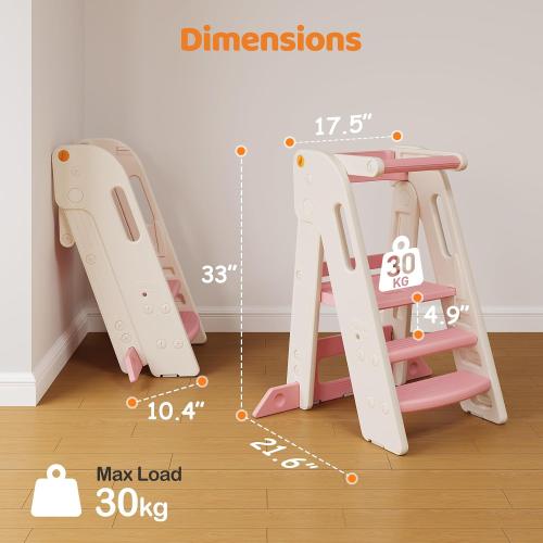 Onasti Folding Toddler Kitchen Tower, Kids Kitchen Step Stool for Learning with Movable Safety Rail, Non-Slip Surface, Easy Assembly for Parents & Grandparents-Pink