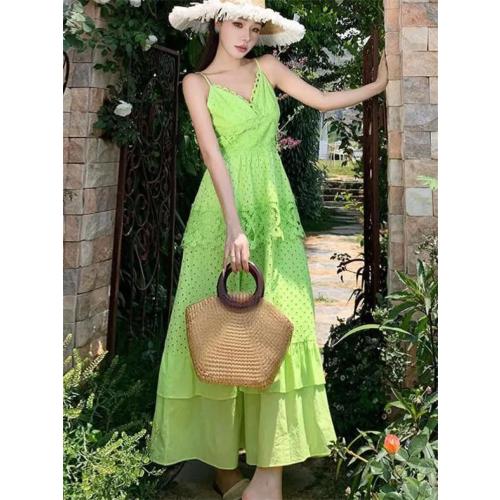 Size L/XL..SUNFERE.  .. Women's Vintage Hollowed Out Backless Holiday Slip Long Dress V-Neck Ruffle Lace Cake Party Dress