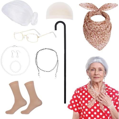 10Pcs Old Lady Costume 100 Days of School Wig Glasses Necklace Earrings Kerchief Stockings Cane for Halloween
