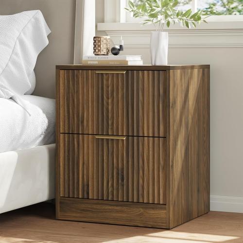 Set of 2 Walnut Nightstand with 2 Storage Drawers, Modern Fluted Night Stand Bedside Table, Bed Side End Table with Golden Handles for Bedroom, Walnut