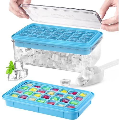Longzon Ice Cube Tray with Lid and Bin, 56 Pcs Ice Cube Trays for Freezer, Ice Cube Mold, Ice Molds Spill-Resistant Removable Lid & Ice Scoop, Ice Mold for Whiskey Cocktail, Tea, Coffee -Blue