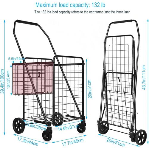 Folding Shopping Cart with Waterproof Liner & 360° Swivel Wheels | Collapsible Grocery Cart for Easy Transport, Ideal for Laundry, Shopping, and Travel – 132 LBS Capacity