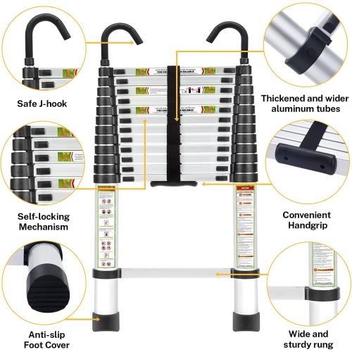 Telescopic Ladder, 16.5FT Aluminum Telescoping Ladder with Stable Hook and Non-Slip Feet, RIKADE Portable Extension Ladder for Household and Outdoor Working, 330lb Capacity