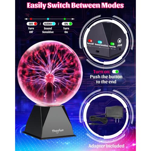 Theefun Plasma Ball 8 Inch Plasma Lamp Touch & Sound Sensitive Plasma Globe | Red Electric Lightning Novelty Light for Parties, Home, Prop, Room Decoration