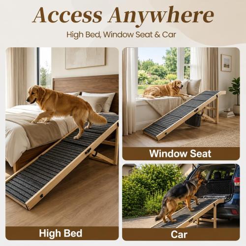 Extra Large Dog Ramp 63‘’L for High Bed, Couch & SUV – 200 Lb Heavy Duty Solid Wood Pet Ramp, 6 Adjustable Height – Portable Stable Non-Slip Steps for Medium to XL Dogs