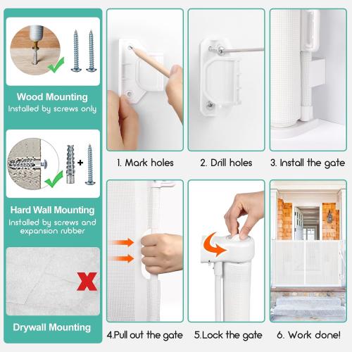 EZIGO 150 Inch Retractable Baby Gates Extra Wide Reinforced Baby Dog Gate | 34 Inch Tall Retractable Dog Gate with Reinforced Strip Mesh Safety Pet Gate for Stairs Hallway Doorway Indoor Outdoor, White