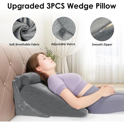 Bed Wedge Pillow Set for Post Surgery, 3PCS Wedge Pillow for Acid Reflux Relief, Adjustable 7 &12 inch for Sleeping, Headboard, Back Pain Relief, Back Pillow for Bed Sitting Up, Grey