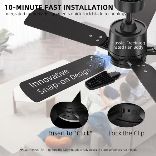 52 Inch Ceiling Fans with Lights, Large Ceiling fan with Light and Remote/APP Control, Quick Installation, 3CCT, Dimmable, Noiseless Reversible Motor, 5 Blades Black Ceiling Fan for Outdoor Indoor